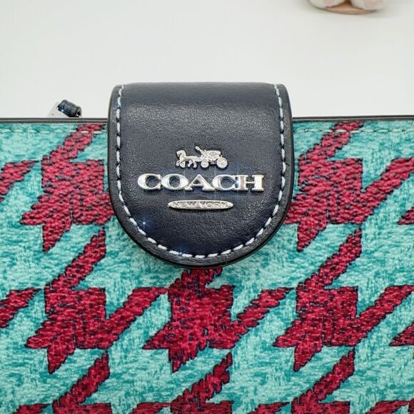 Coach Medium Corner Zip Wallet With Houndstooth Print Teal Wine CJ680 NWT $198 - Picture 4 of 9